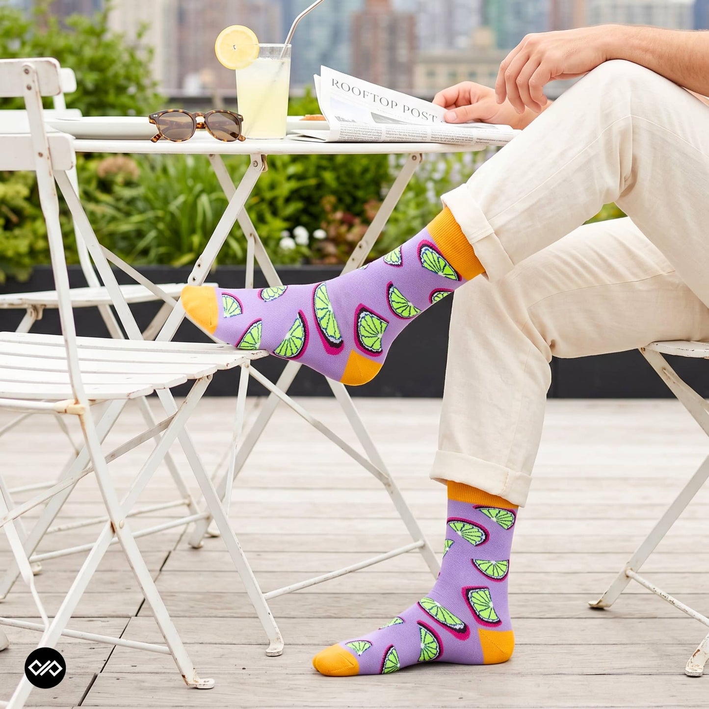 Citrus crew socks on rooftop terrace with cream linen trousers — lavender purple designer cotton crew socks for men and women – Dynamocks