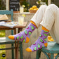 Citrus crew socks styled at lemonade stand with white linen trousers and panama hat — lavender designer cotton socks for men and women – Dynamocks India
