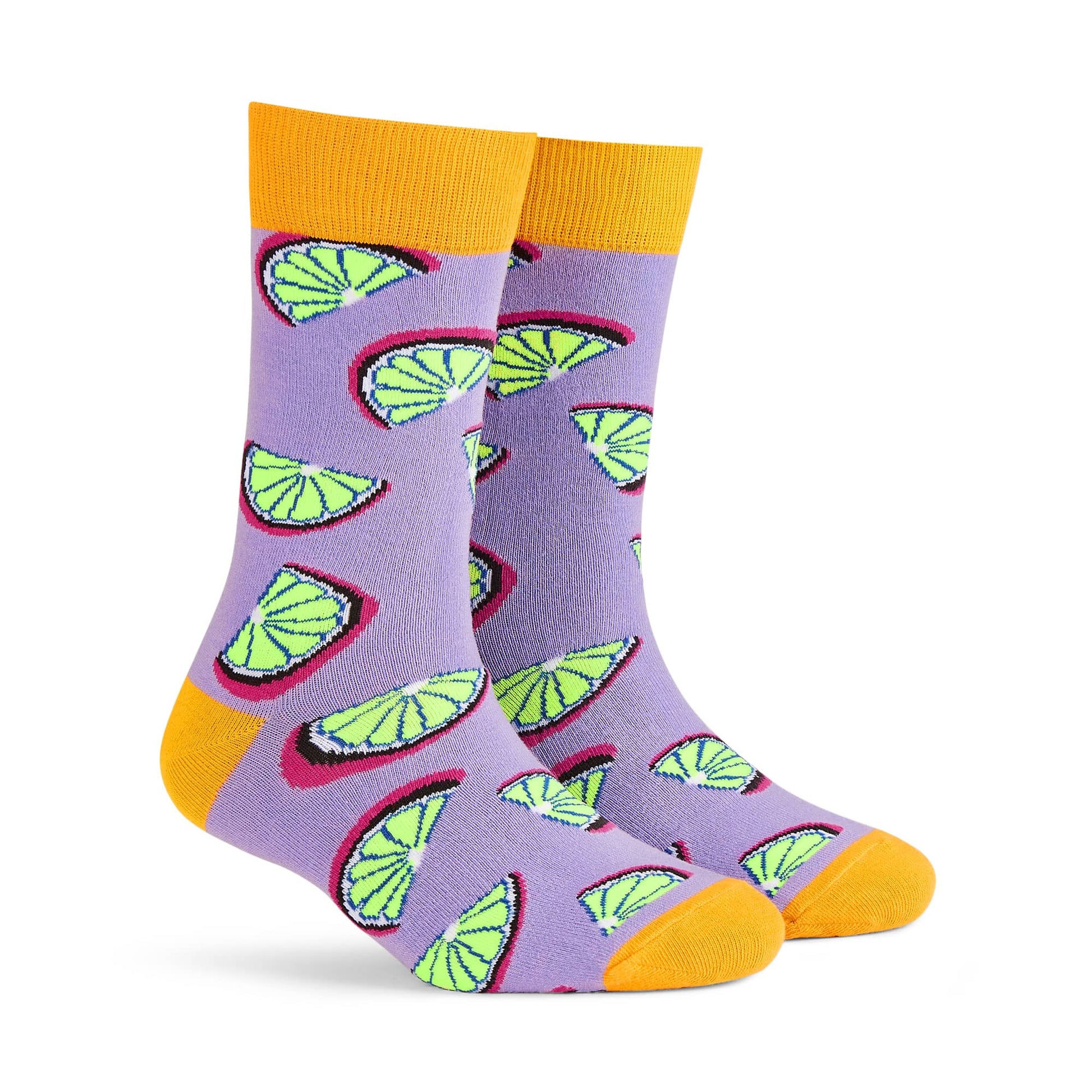 Citrus crew socks — lavender purple with lime green citrus slices, magenta halos and mustard cuff — premium combed cotton for men and women – Dynamocks - Right Angle