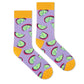 Citrus crew socks — lavender purple with lime green citrus slices, magenta halos and mustard cuff — premium combed cotton for men and women – Dynamocks - Right Flat Lay