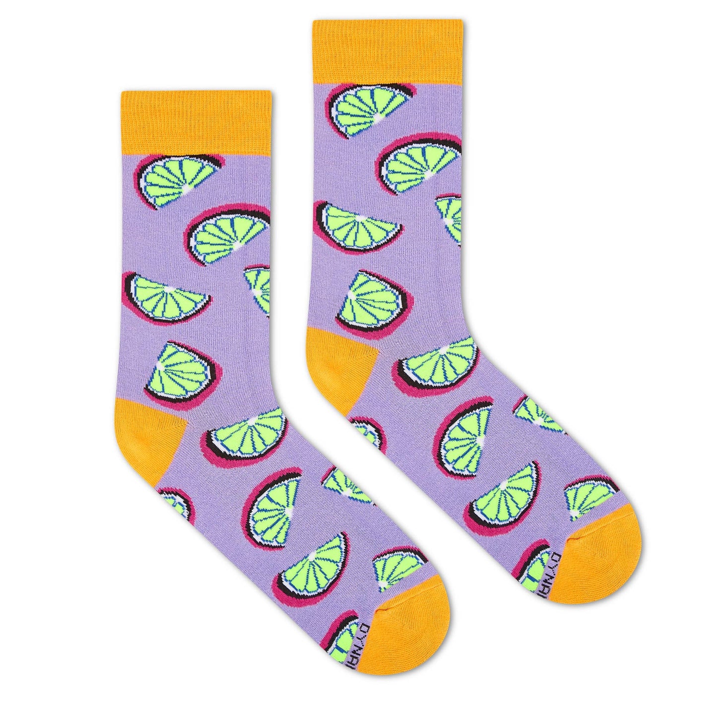 Citrus crew socks — lavender purple with lime green citrus slices, magenta halos and mustard cuff — premium combed cotton for men and women – Dynamocks - Left Flat Lay