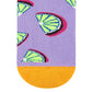 Citrus crew socks — lavender purple with lime green citrus slices, magenta halos and mustard cuff — premium combed cotton for men and women – Dynamocks - Closeup