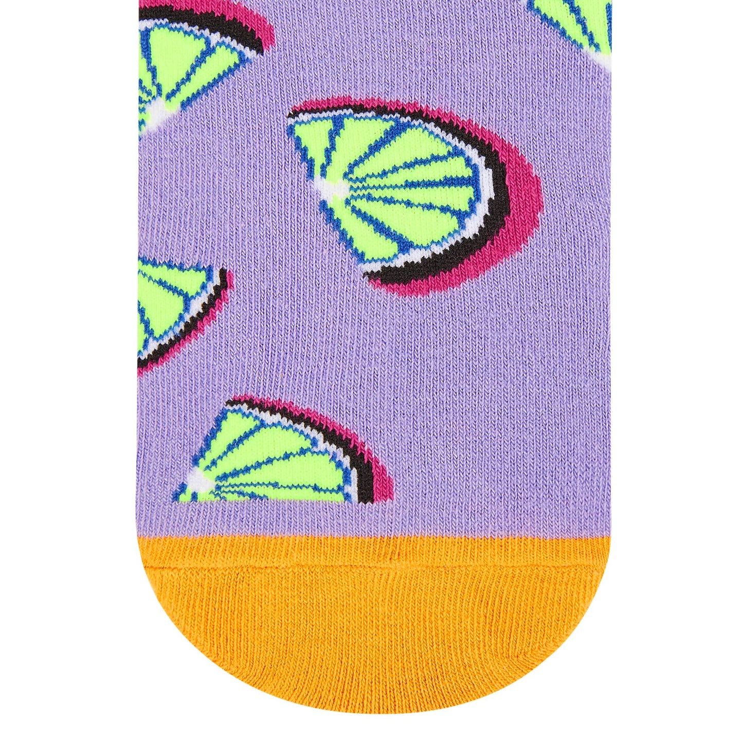 Citrus crew socks — lavender purple with lime green citrus slices, magenta halos and mustard cuff — premium combed cotton for men and women – Dynamocks - Closeup