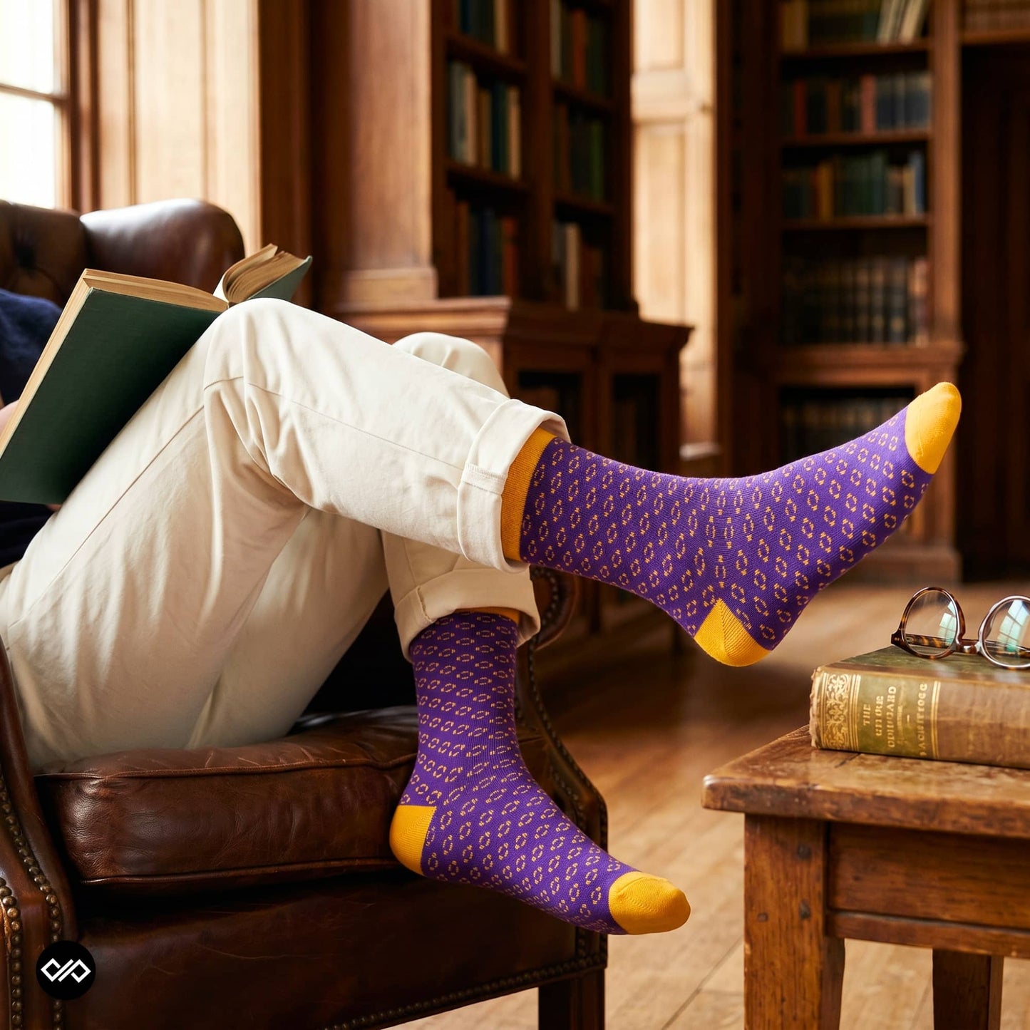 Classic crew socks paired with cream chinos in wood-panelled library – Dynamocks
