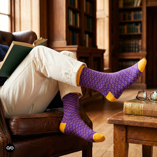 Classic crew socks paired with cream chinos in wood-panelled library – Dynamocks