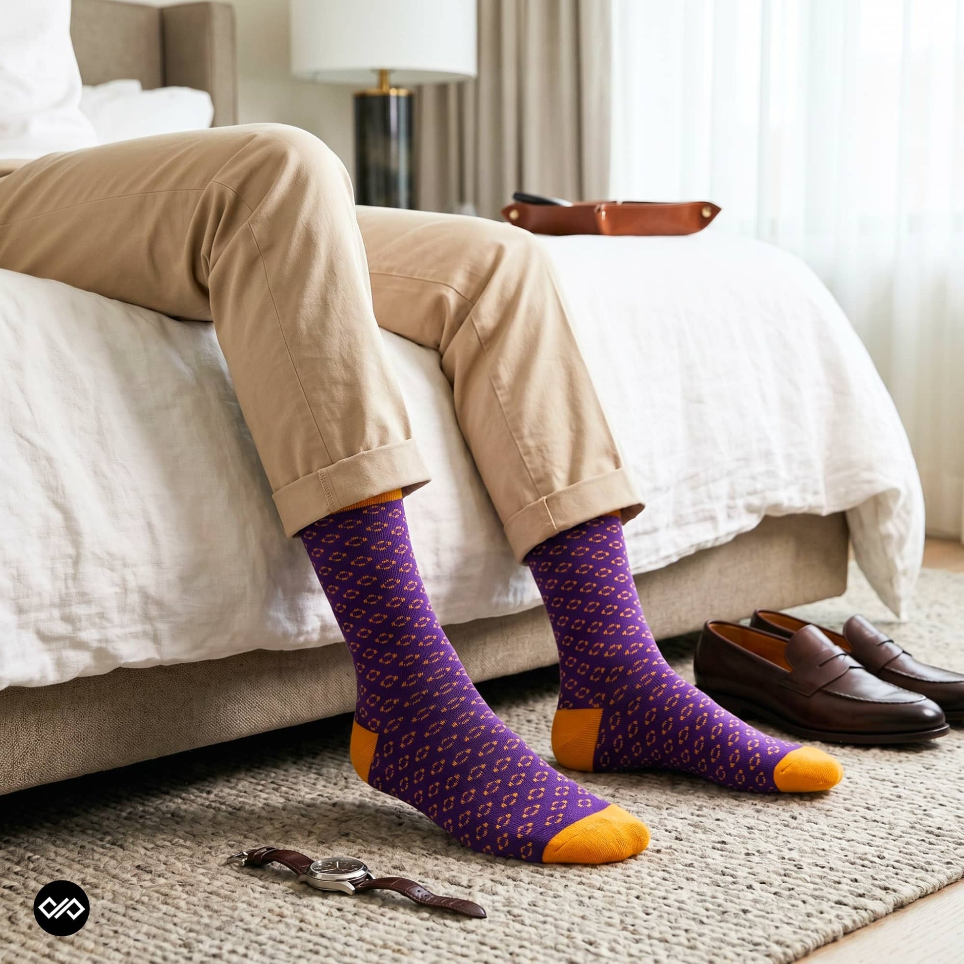 Classic formal crew socks for men and women purple with mustard foulard design – Dynamocks