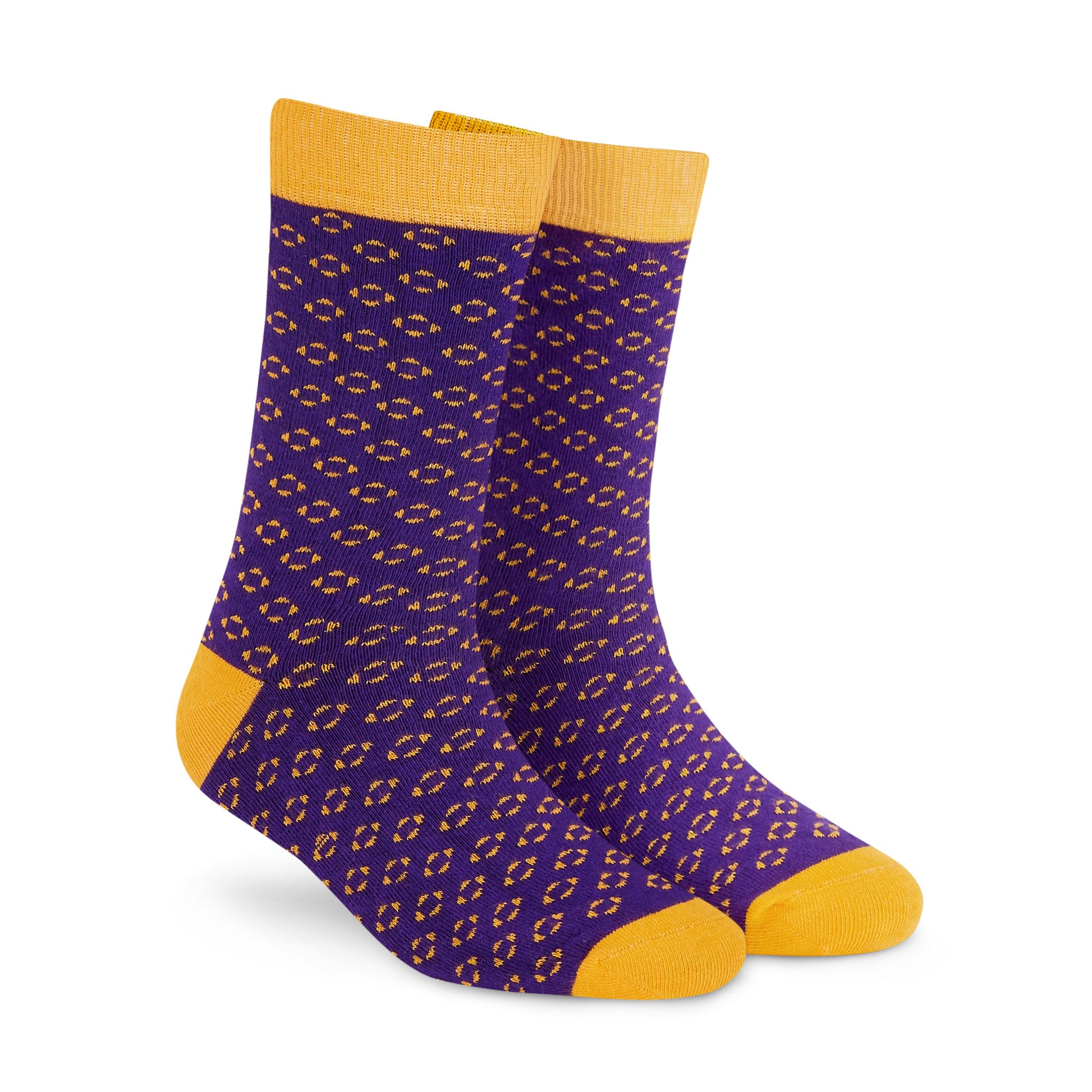 Classic formal crew socks for men and women purple with mustard foulard design – Dynamocks - Right Angle