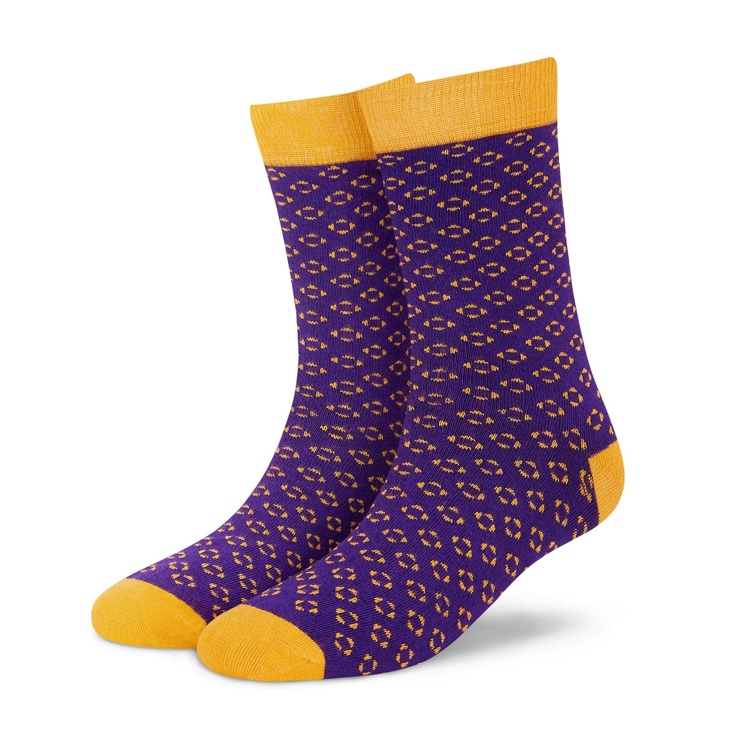 Classic formal crew socks for men and women purple with mustard foulard design – Dynamocks - Left Angle