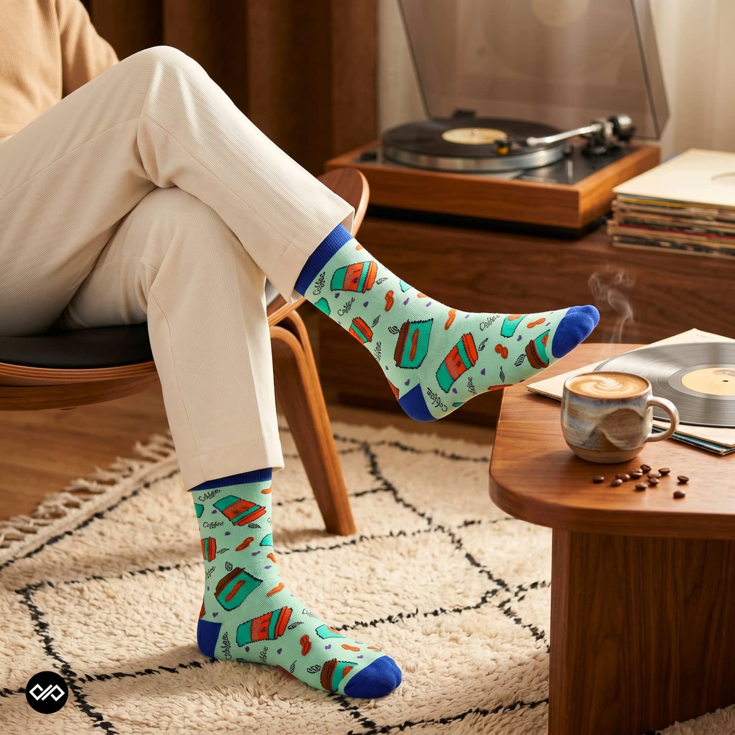 Coffee Cup crew socks paired with cream cords and vinyl latte morning – Dynamocks