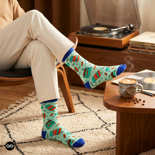 Coffee Cup crew socks paired with cream cords and vinyl latte morning – Dynamocks