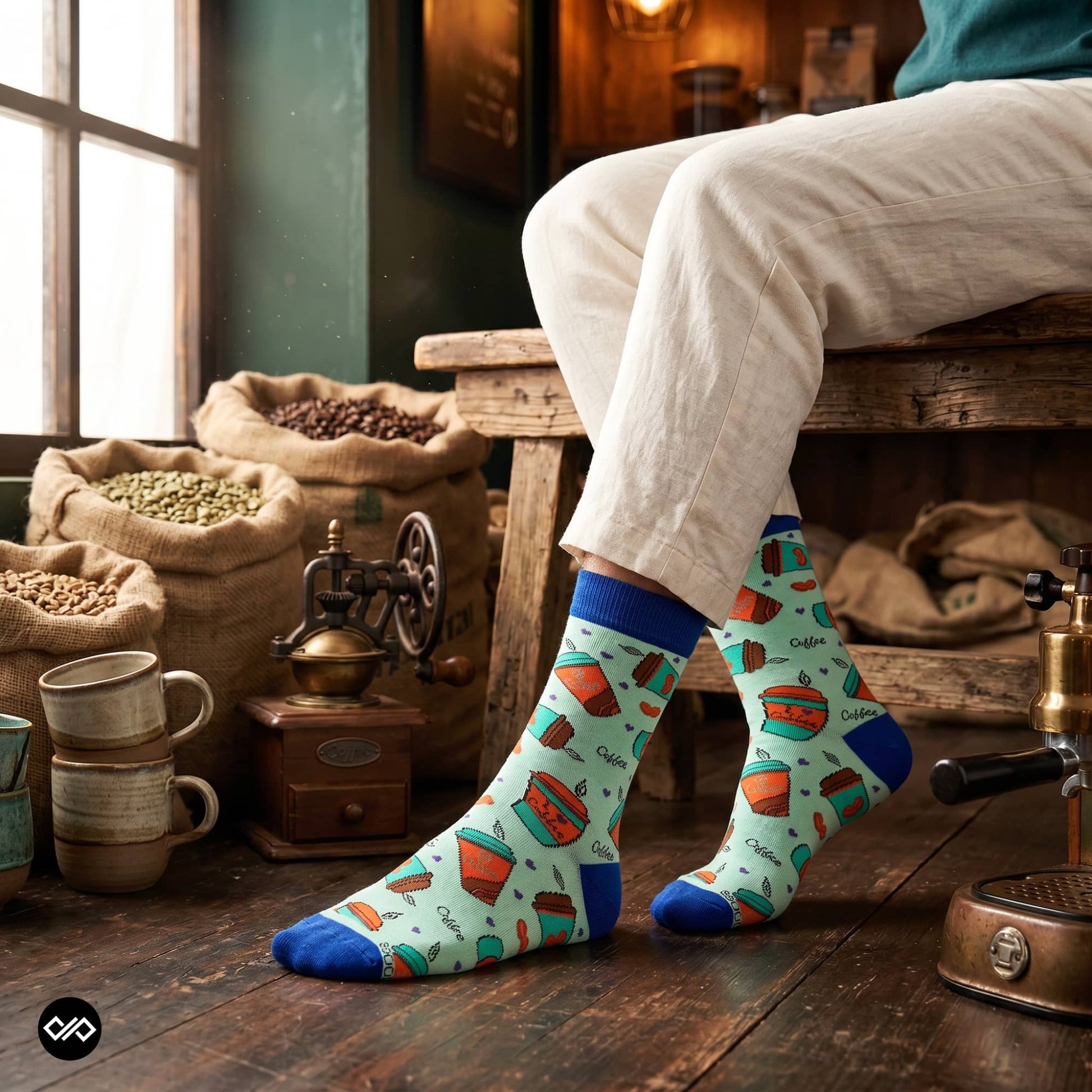 Coffee Cup crew socks closeup coffee cups beans cursive design – Dynamocks