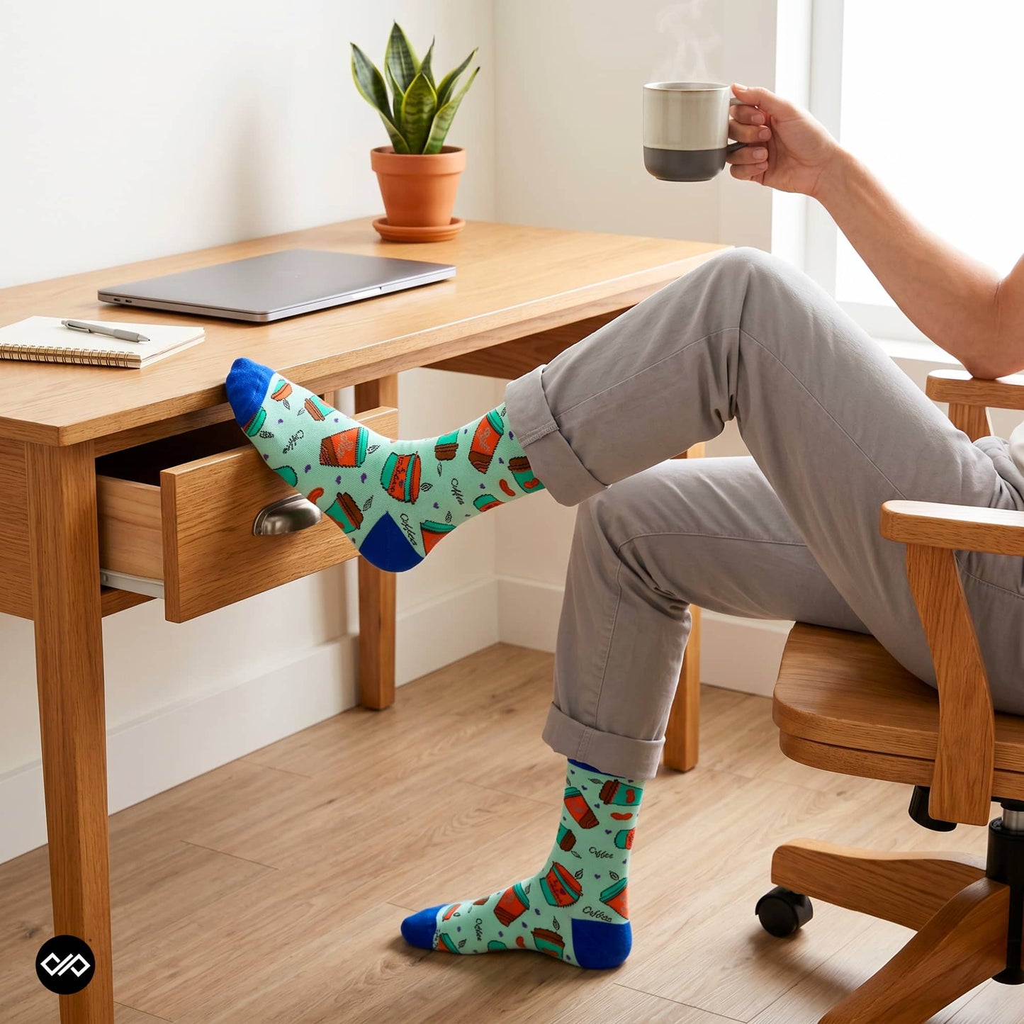 Coffee Cup crew socks worn at home office desk with grey chinos – Dynamocks
