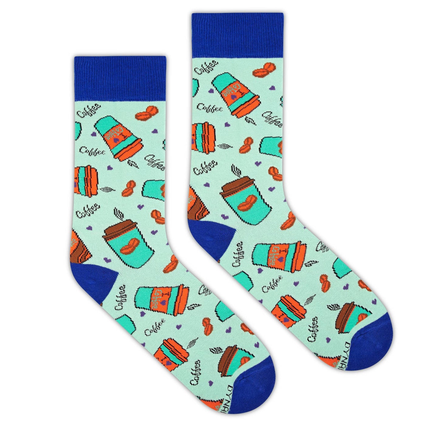 Coffee Cup crew socks for men and women mint green with coffee cup design – Dynamocks - Right Flat Lay