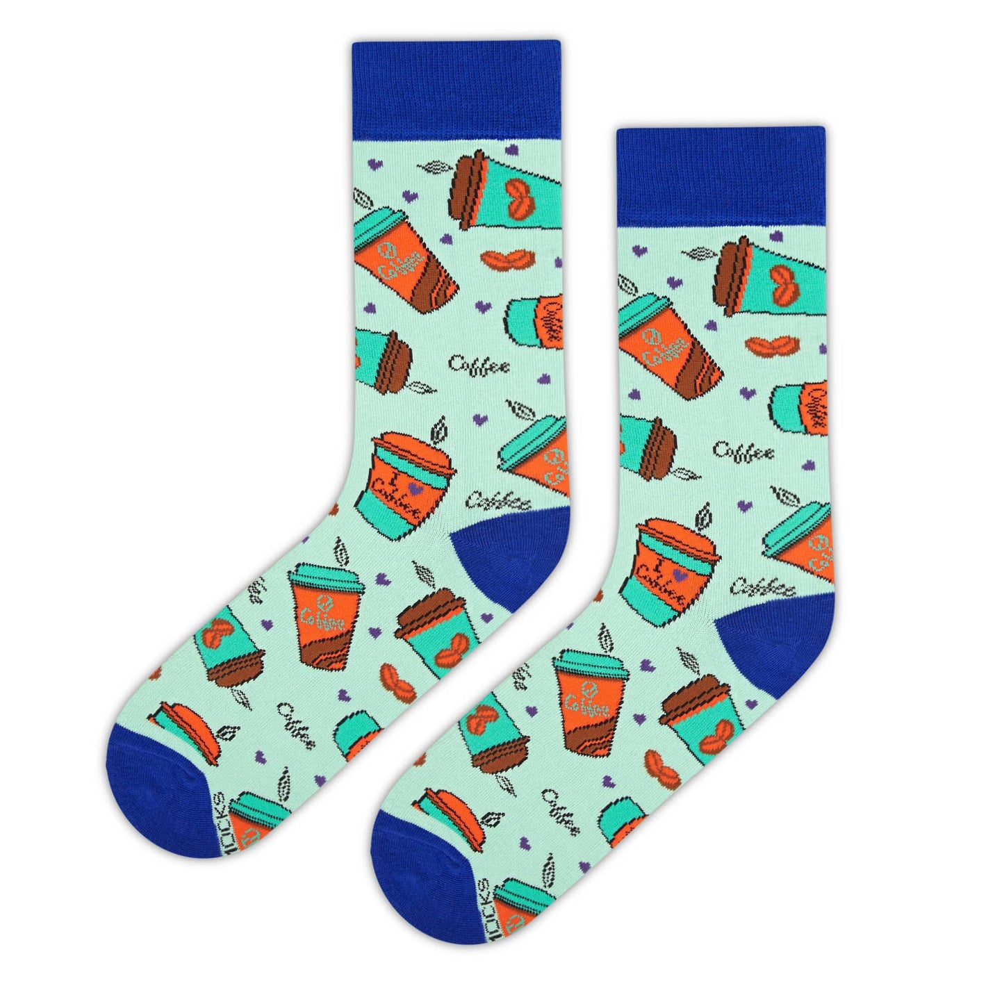Coffee Cup crew socks for men and women mint green with coffee cup design – Dynamocks - Left Flat Lay