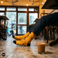 Cutting Chai crew socks styled at Mumbai Iranian café with chai glass — funky Indian designer socks — Dynamocks