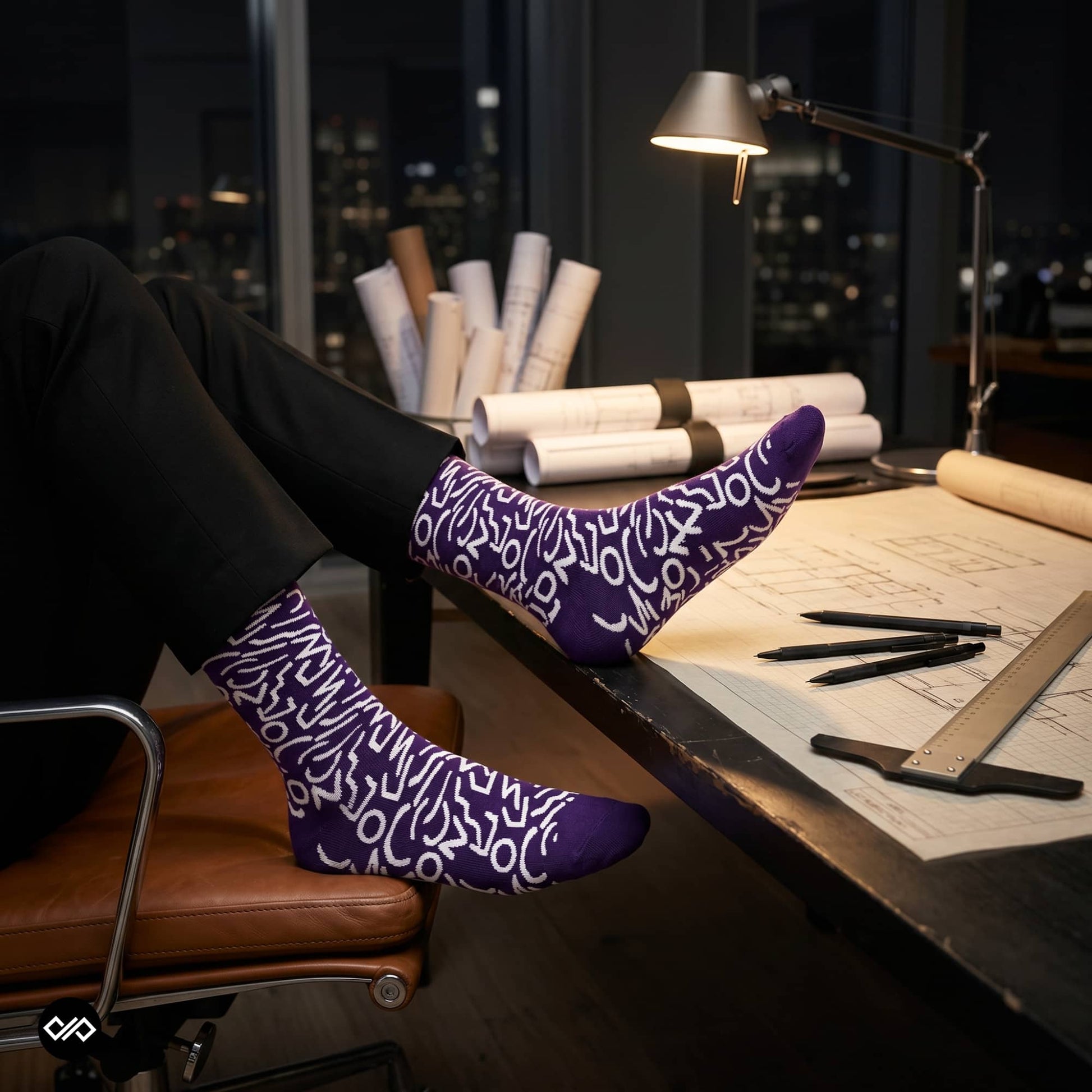 Doodle abstract purple crew socks worn by a designer at a dark workstation — Dynamocks India