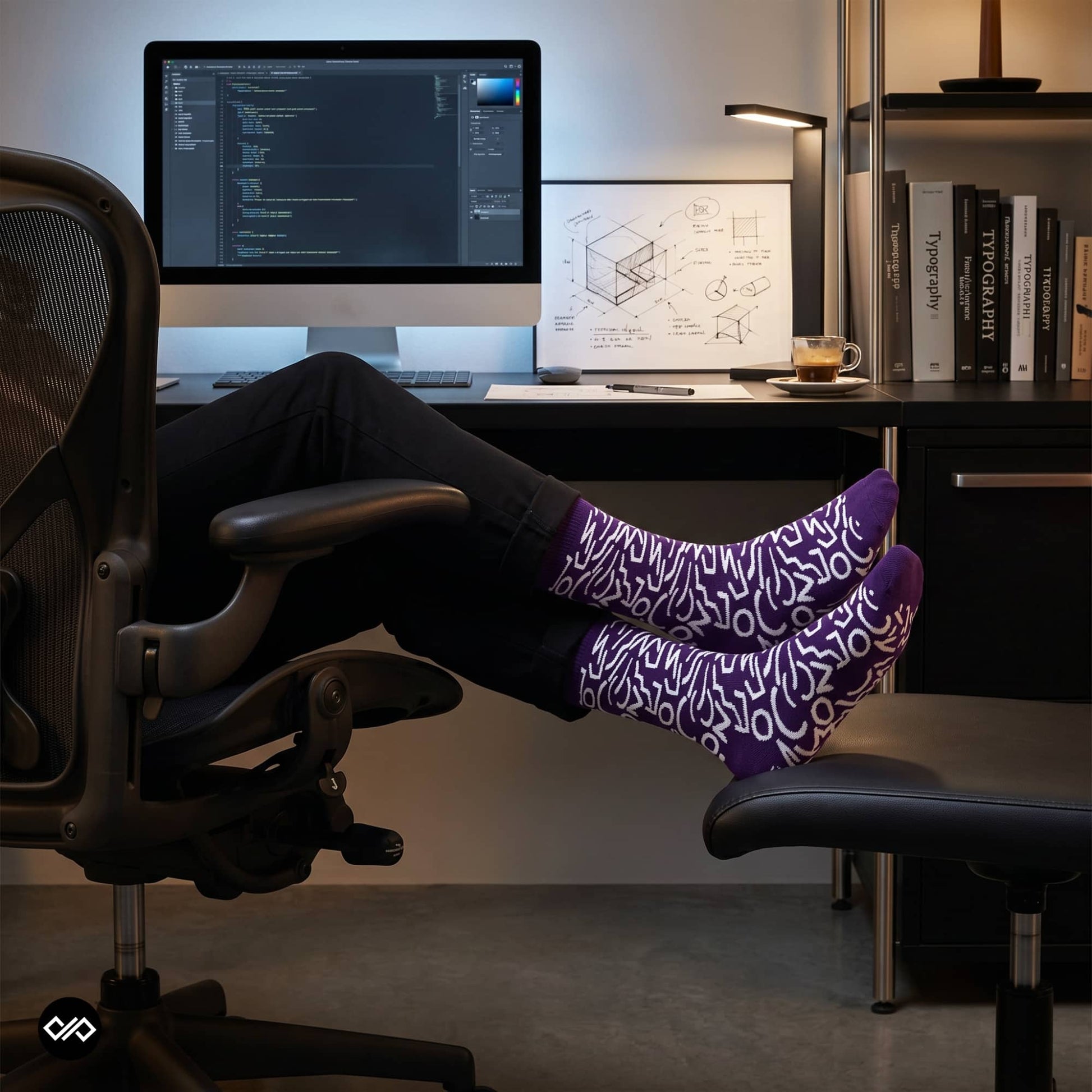 Purple Doodle graffiti crew socks styled with black trousers at an architect's desk — Dynamocks