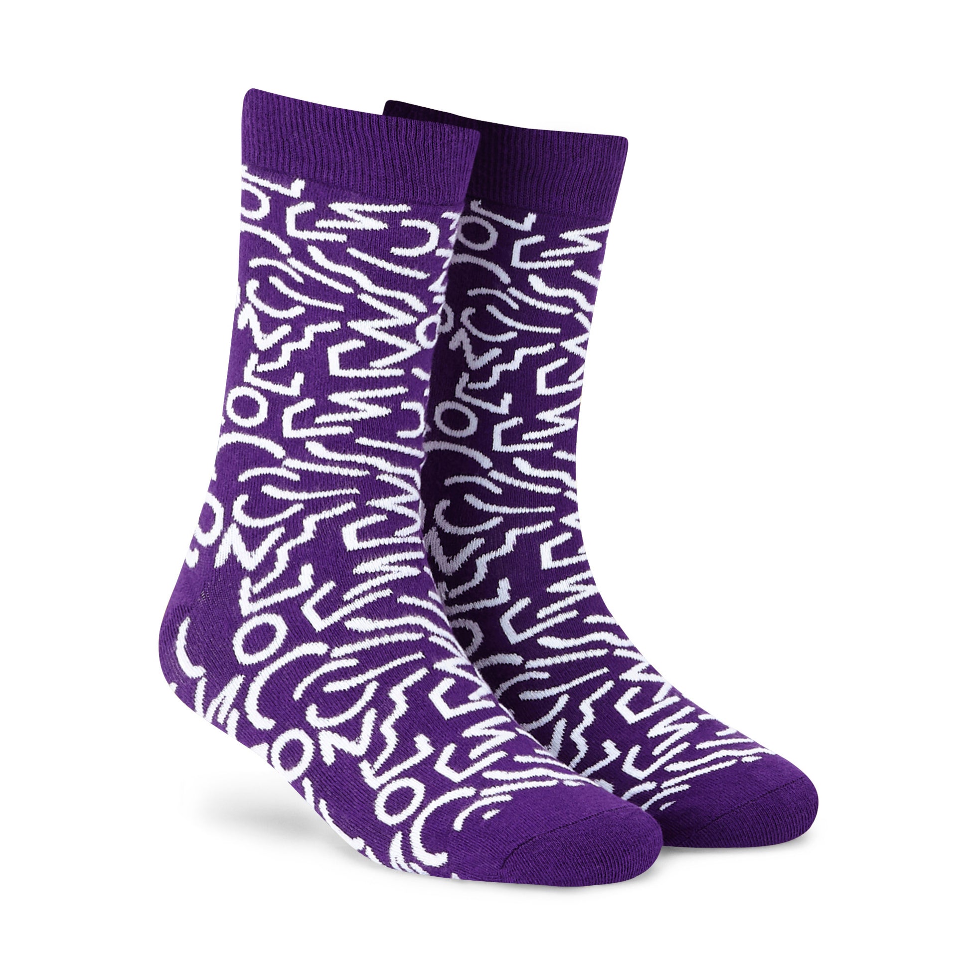 Doodle crew socks in deep purple with white abstract graffiti designs — Dynamocks India - Right Angle