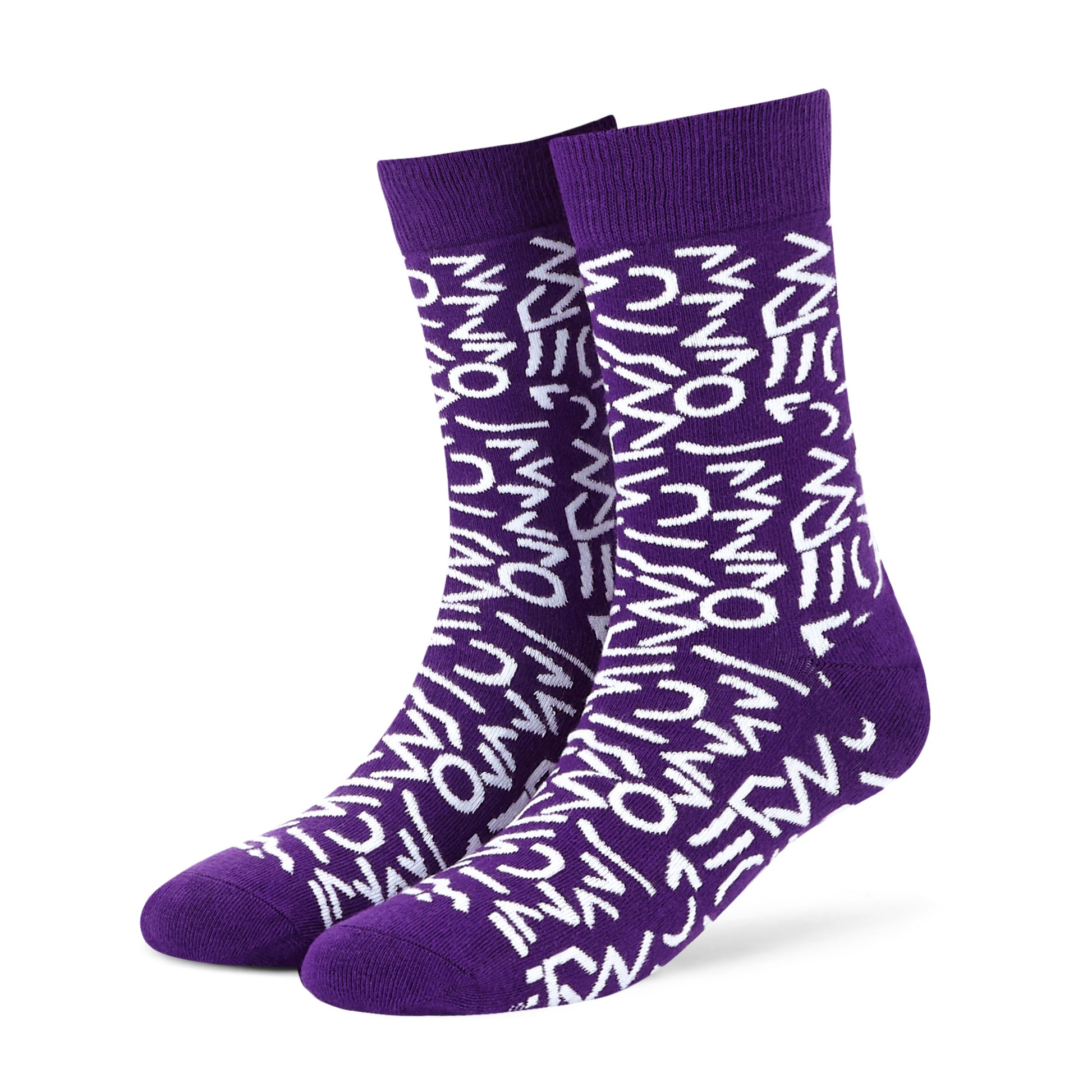 Doodle crew socks in deep purple with white abstract graffiti designs — Dynamocks India - Left Angle