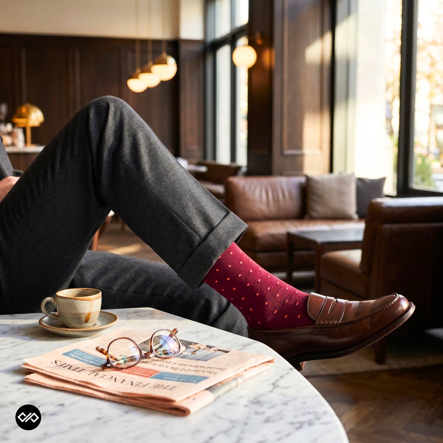 Maroon pin dot crew socks with penny loafers and grey trousers – Dynamocks