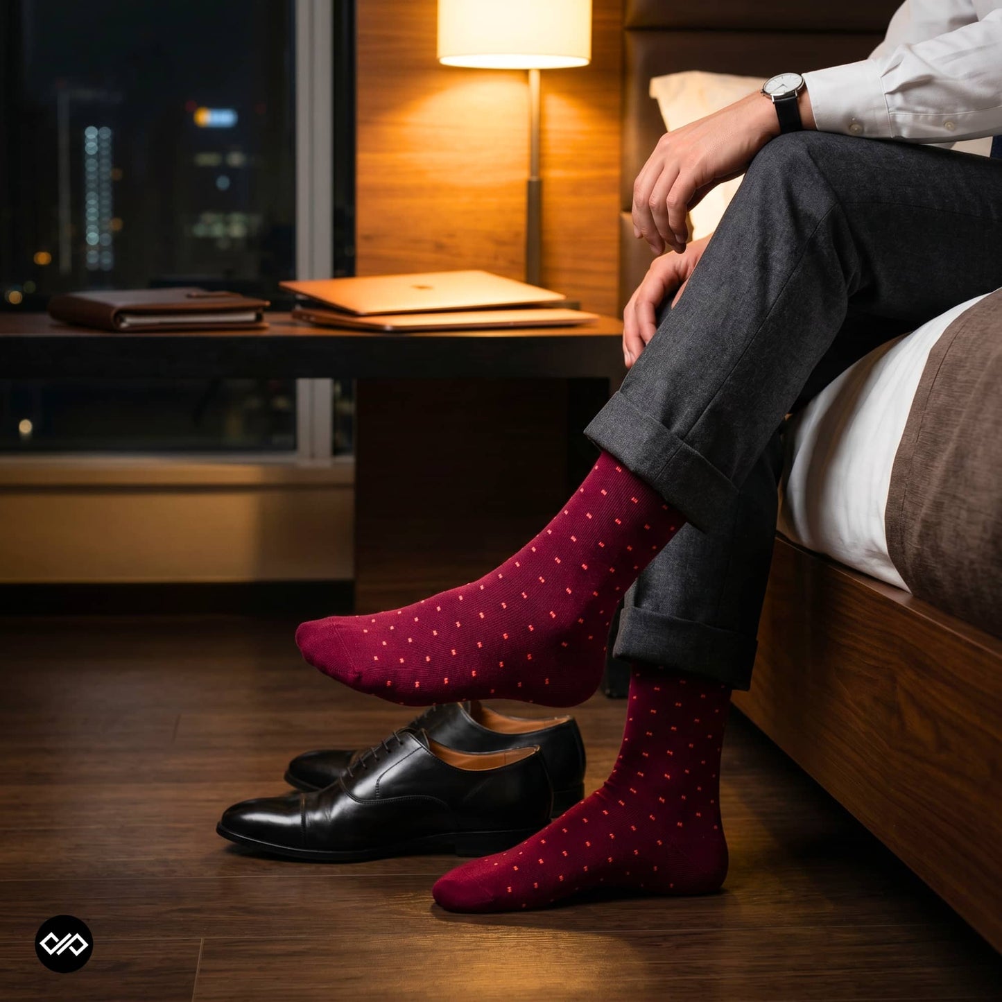 Dots maroon crew socks for men with black Oxford shoes – Dynamocks