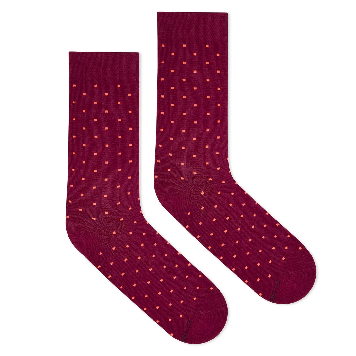 Maroon crew socks with coral pin dots right view – Dynamocks