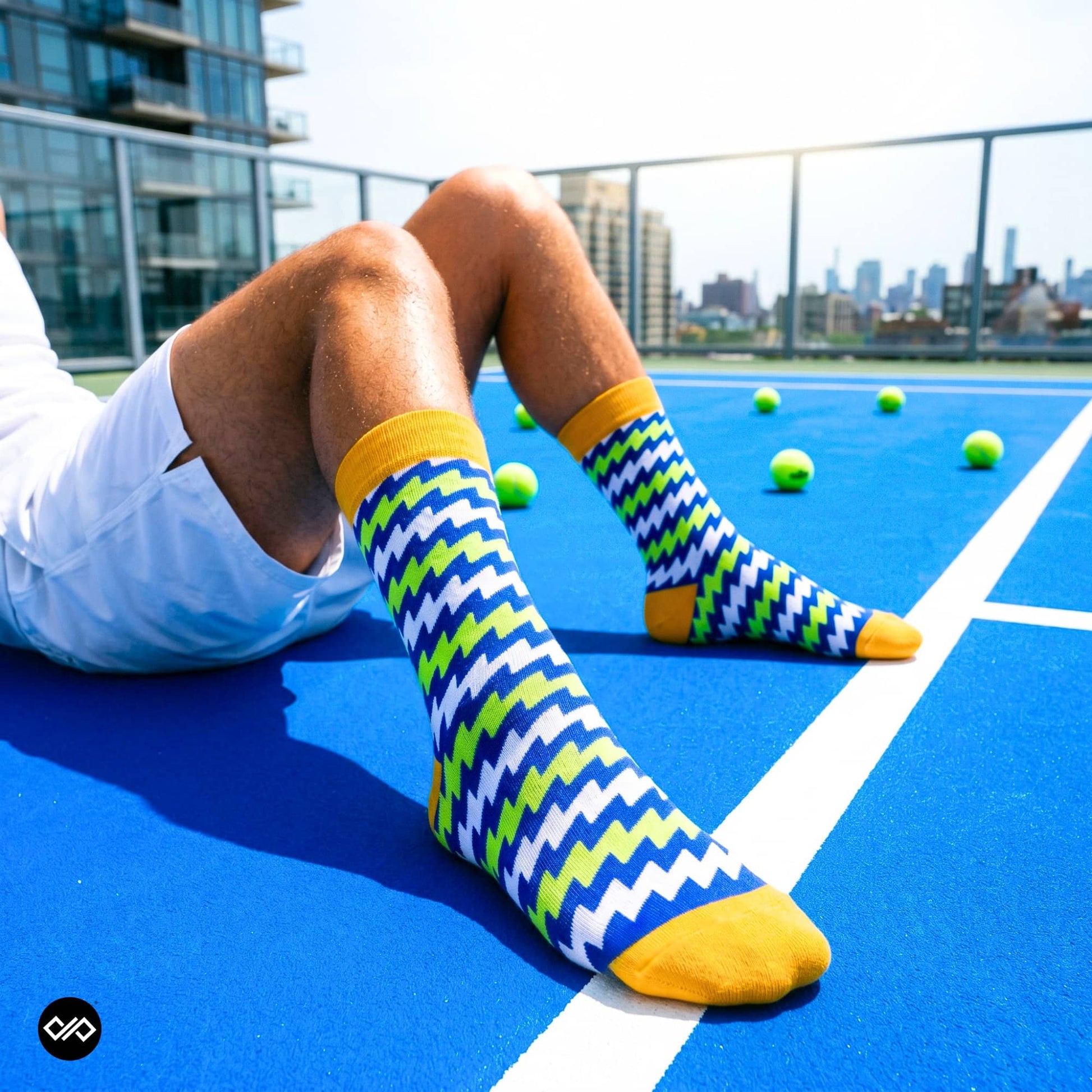 Electro funky crew socks on rooftop tennis court — neon green and blue zigzag echo court colours — Dynamocks India