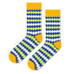 Electro funky crew socks for men and women — bold zigzag design with marigold cuff and toe — Dynamocks