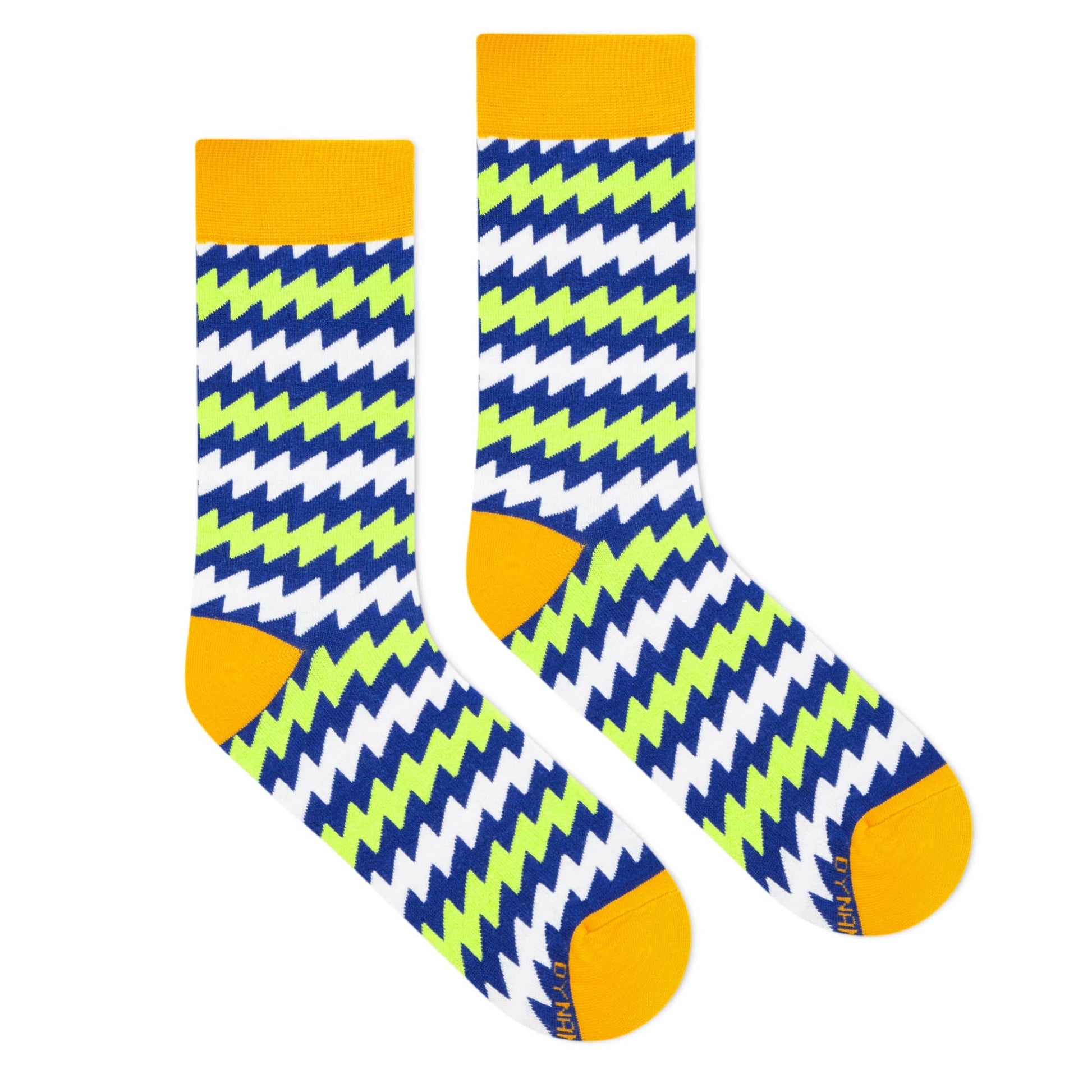 Electro neon crew socks flat lay — electric blue, lime green & white zigzag pattern — Dynamocks India