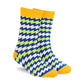 Electro funky neon crew socks for men and women — blue, green & white zigzag with orange cuff — Dynamocks