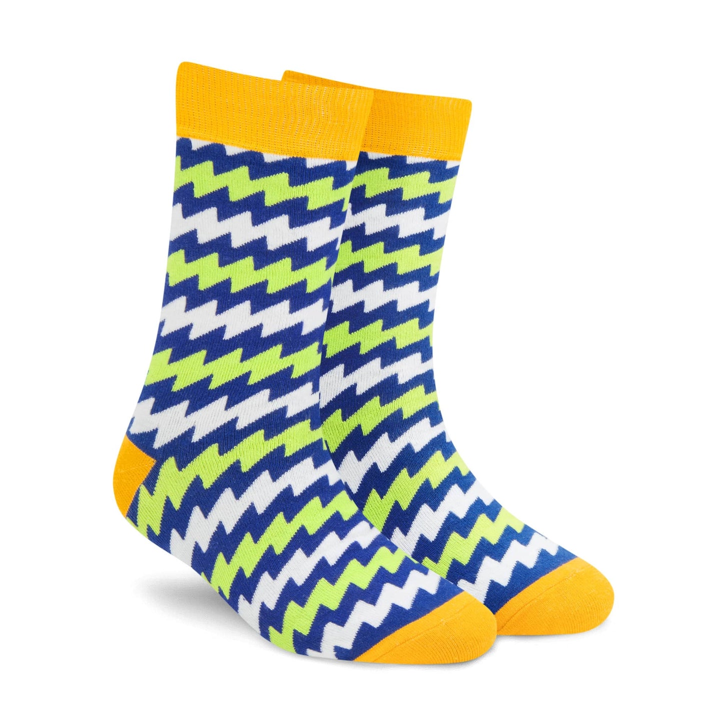 Electro funky neon crew socks for men and women — blue, green & white zigzag with orange cuff — Dynamocks