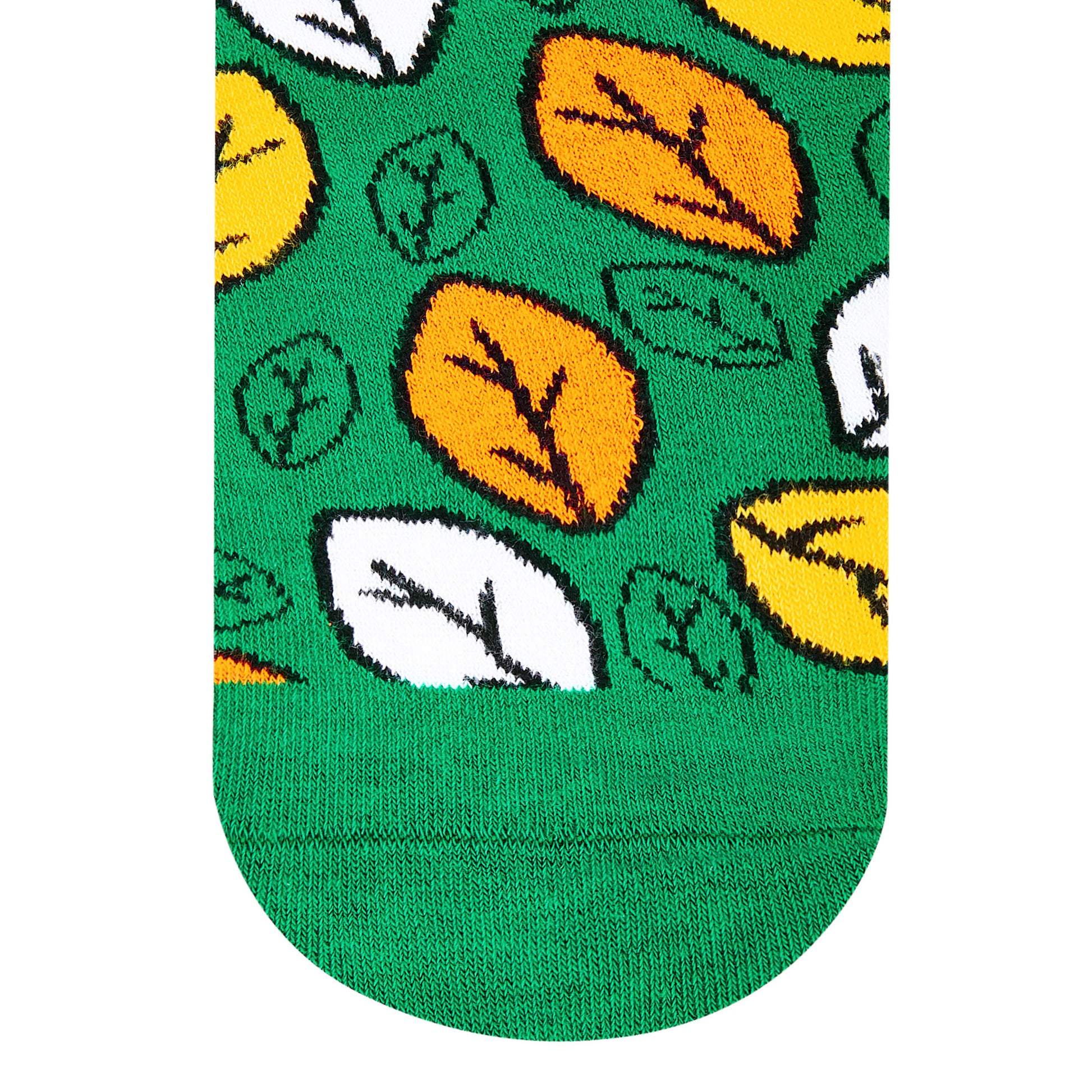 Fresh botanical leaf crew socks on green with yellow, orange and white leaves — Dynamocks India - Closeup