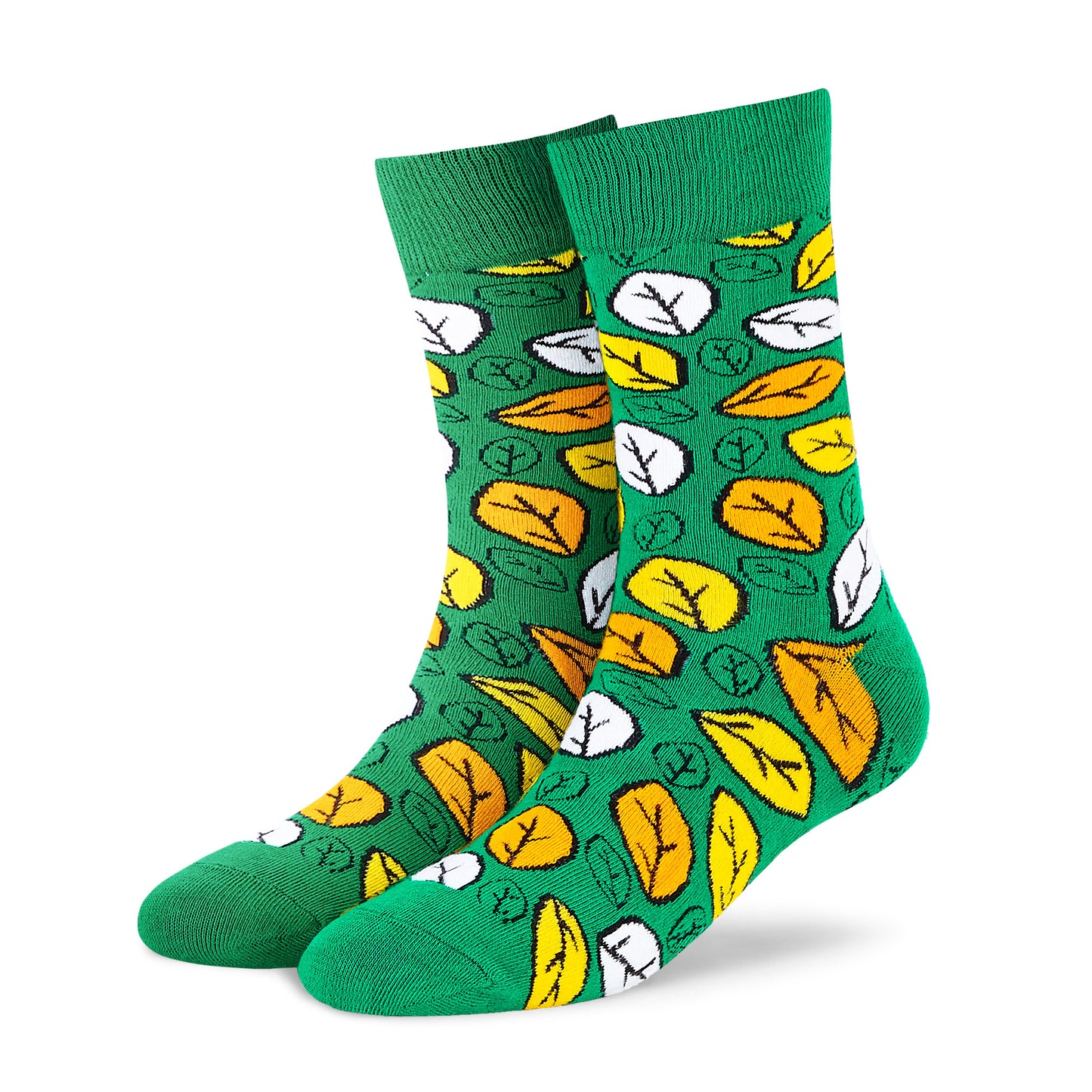 Fresh botanical leaf crew socks on green with yellow, orange and white leaves — Dynamocks India