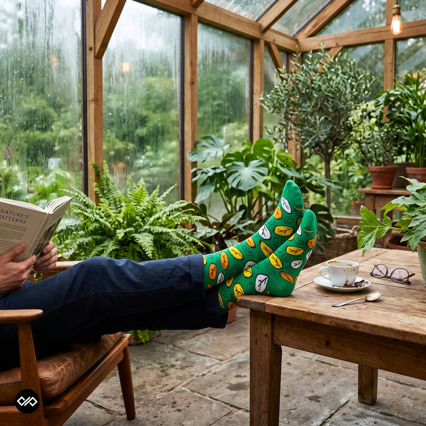 Fresh botanical leaf crew socks worn feet-up in a rainy garden conservatory with coffee and book — Dynamocks India