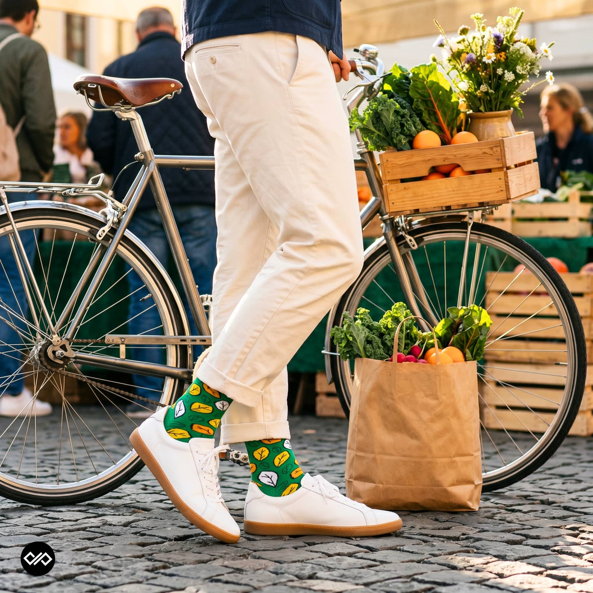Fresh botanical leaf crew socks styled with cream chinos and white sneakers at a farmers market with bicycle and fresh produce — Dynamocks India
