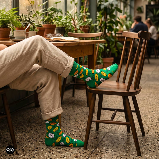 Fresh leaf crew socks styled with cream linen trousers at a plant-filled café table — Dynamocks