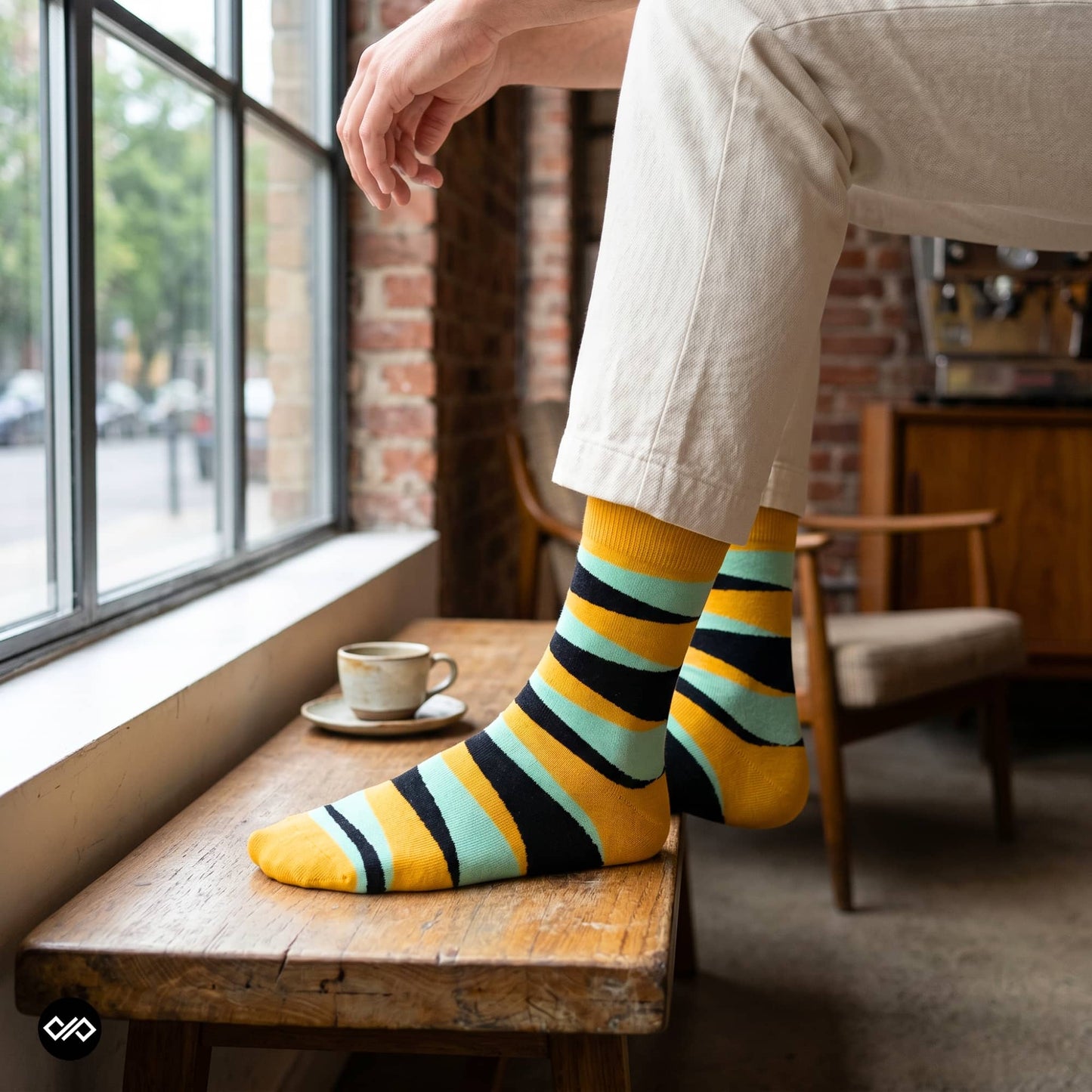 Hunk striped crew socks styled with cream chinos in cafe – Dynamocks