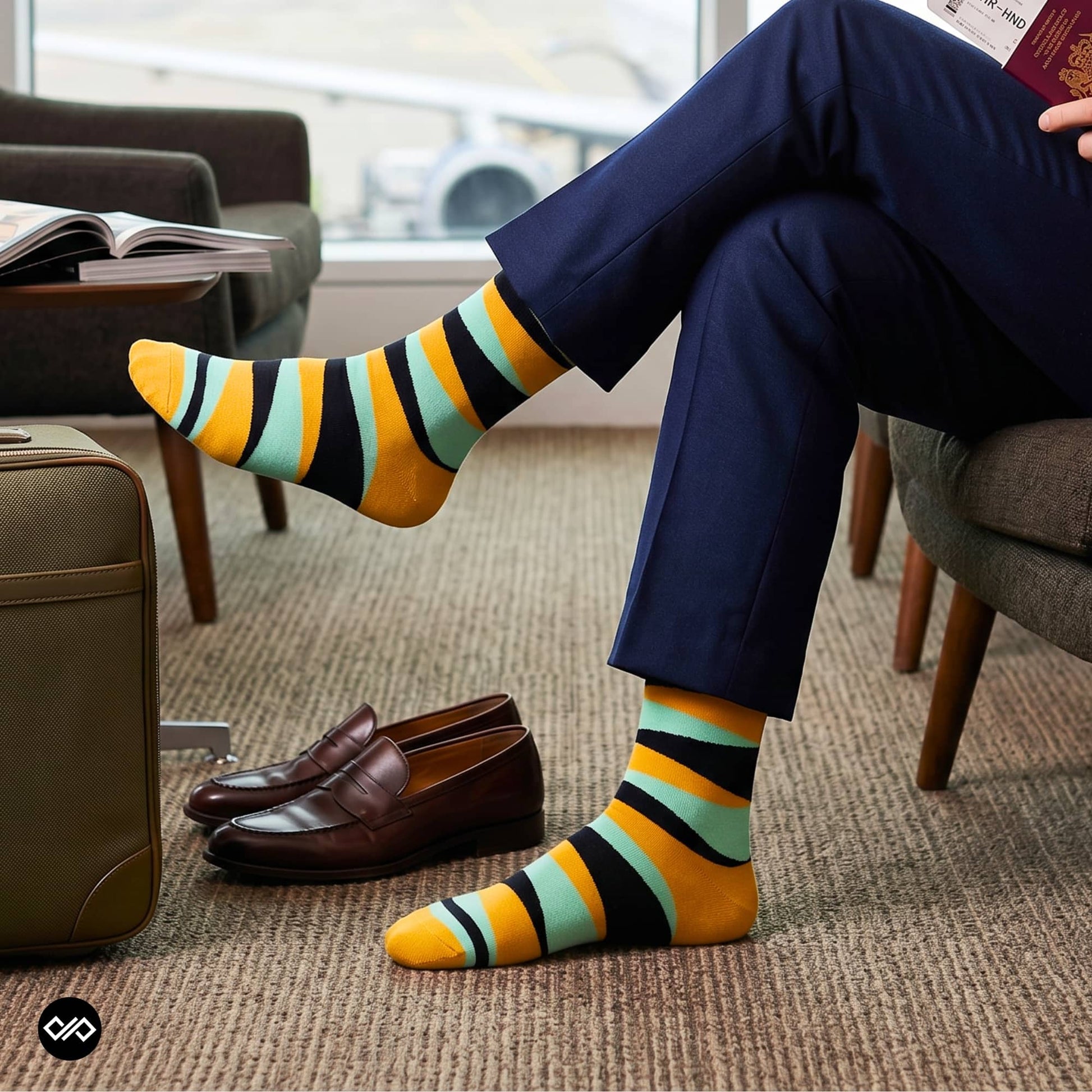 Hunk crew socks paired with navy formal trousers and brown loafers at airport – Dynamocks