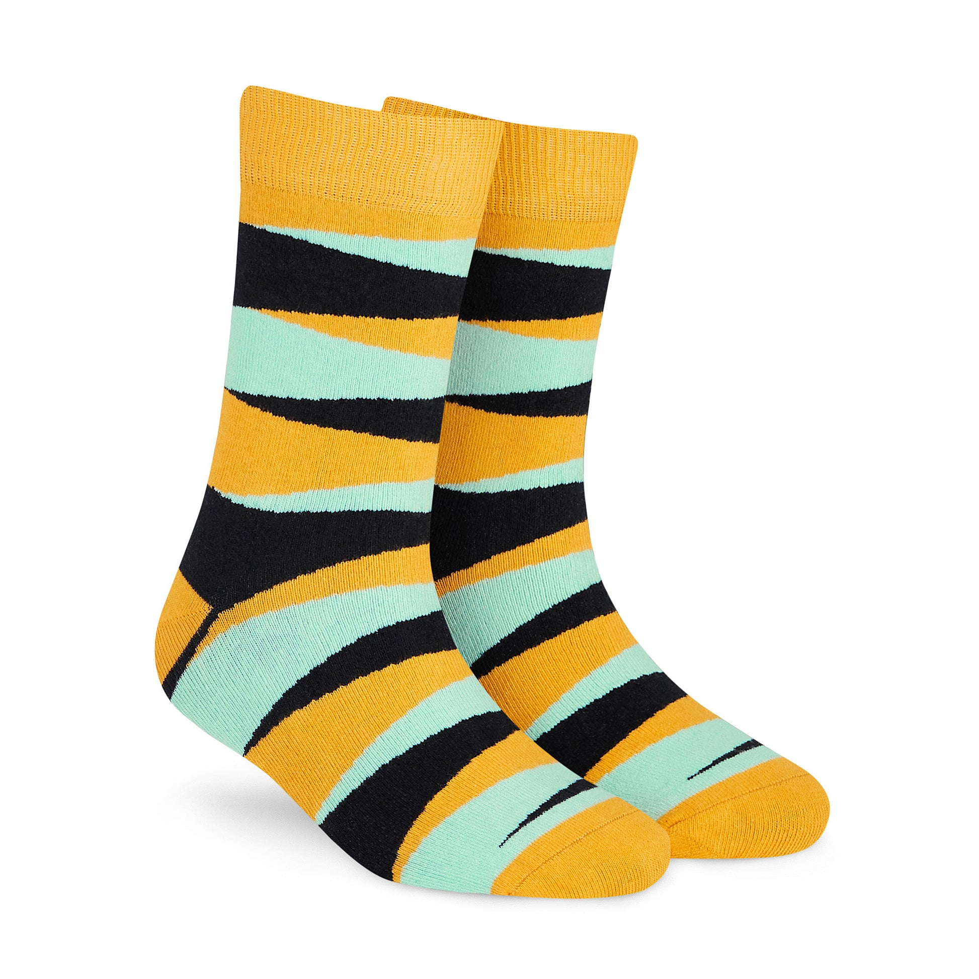 Hunk striped crew socks for men and women marigold mint and black bold bands – Dynamocks - Right Angle