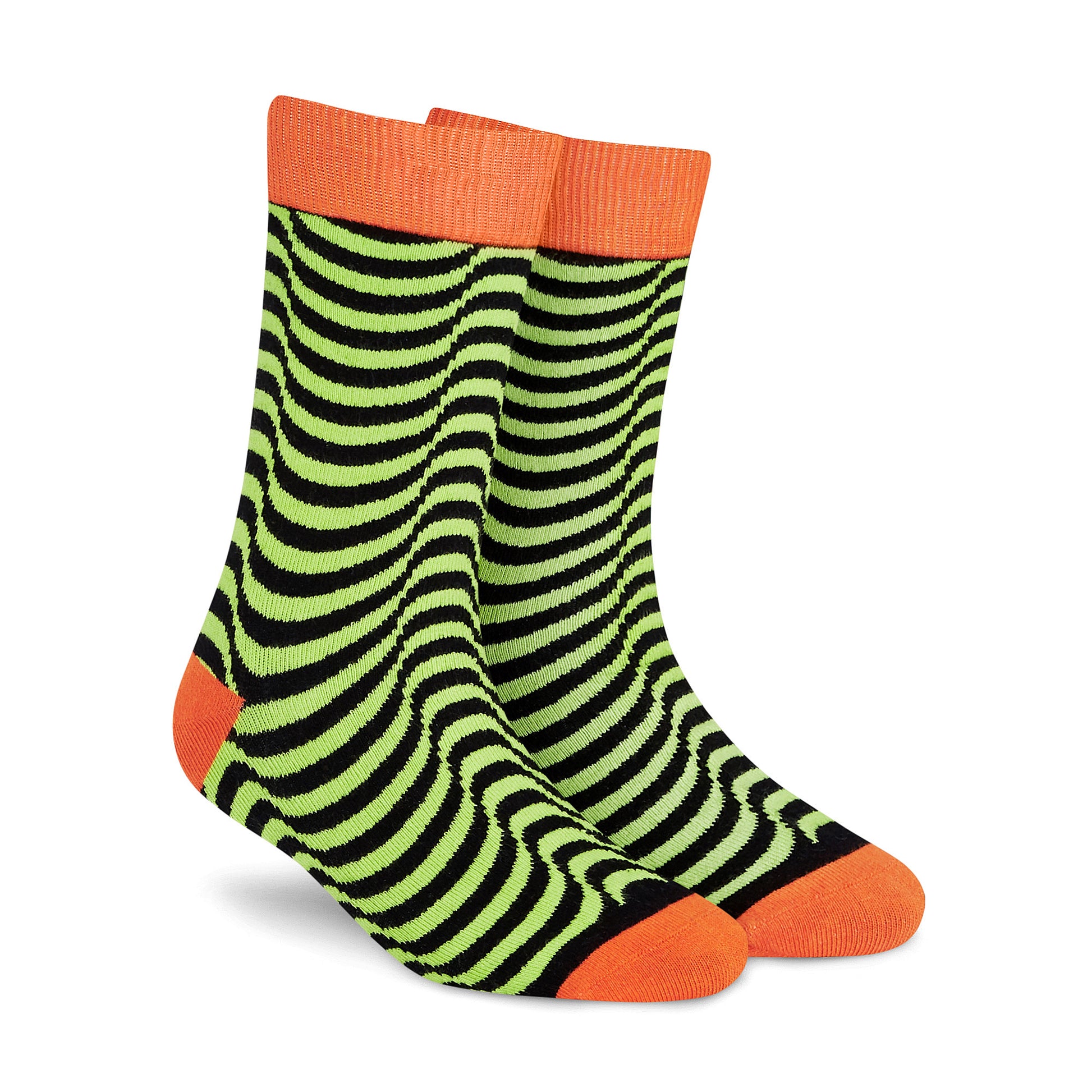 Illusion crew socks — neon green and black optical stripe design — Dynamocks
