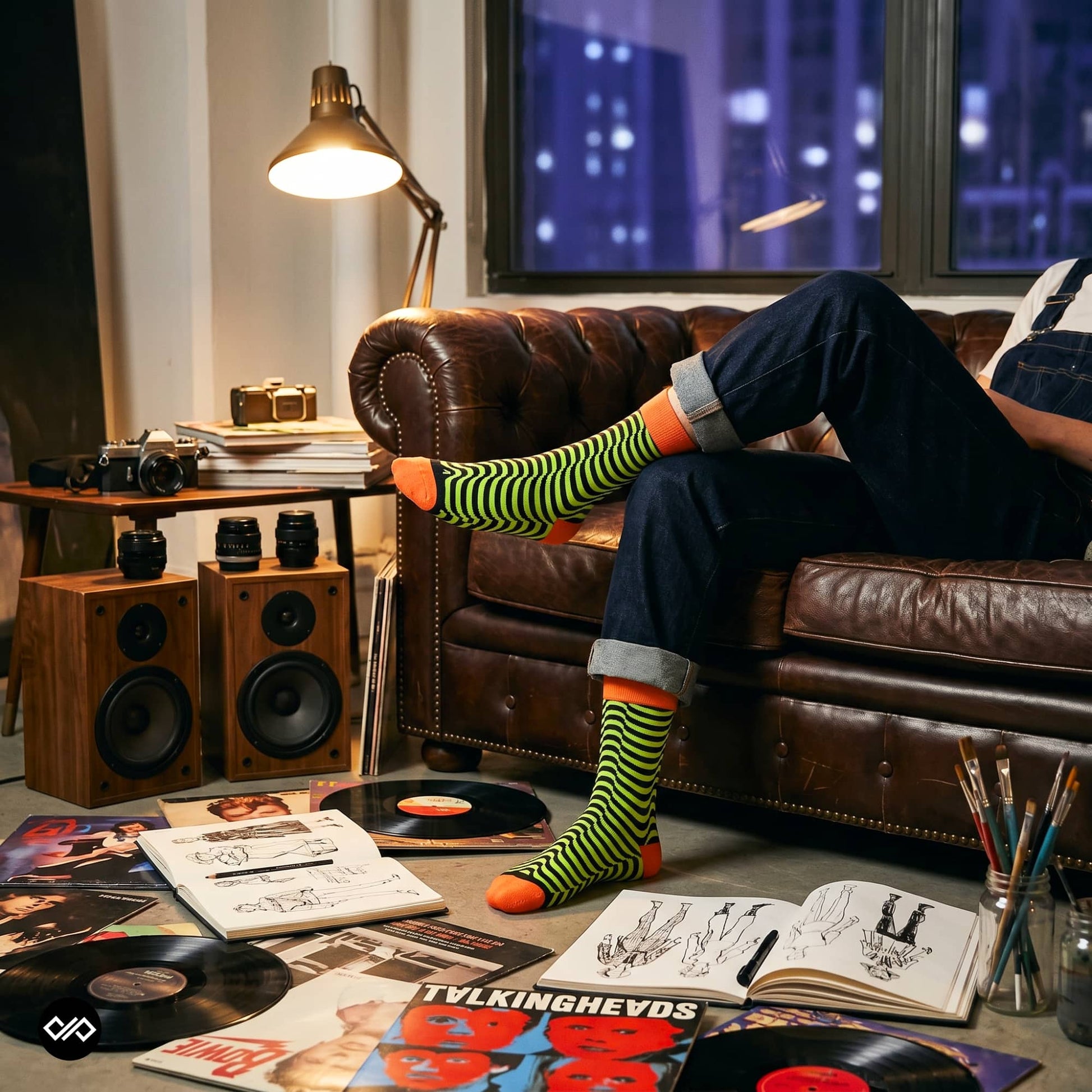 Illusion neon striped crew socks worn with denim on a brown leather sofa in a creative studio with vinyl and cameras — Dynamocks