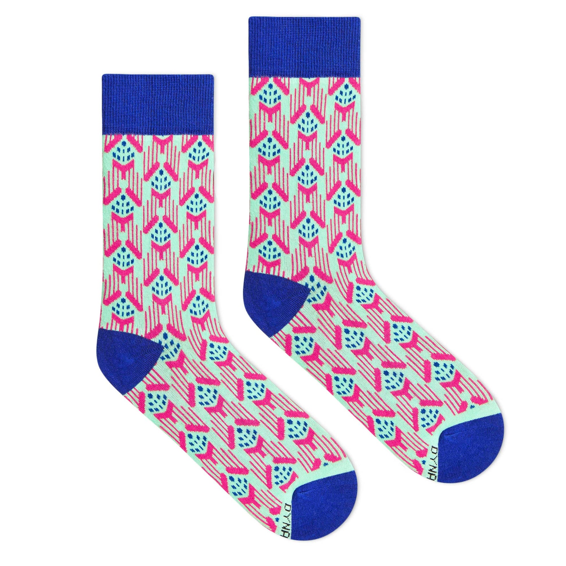 Jazz crew socks flat lay — mint green base with hot pink and electric blue abstract design — Dynamocks