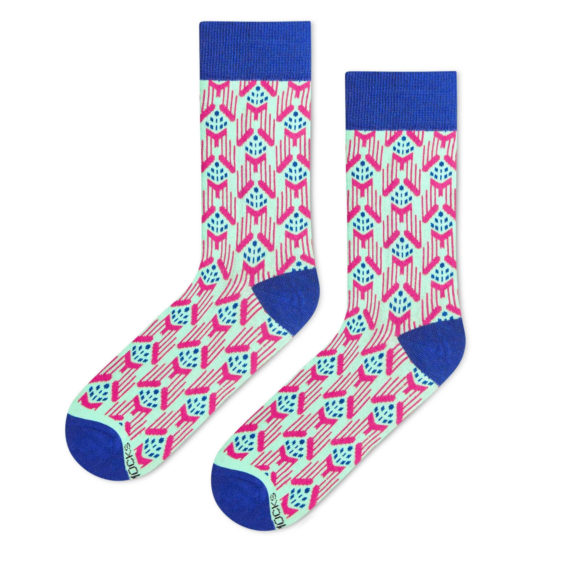 Jazz crew socks flat lay — mint green base with hot pink and electric blue abstract design — Dynamocks
