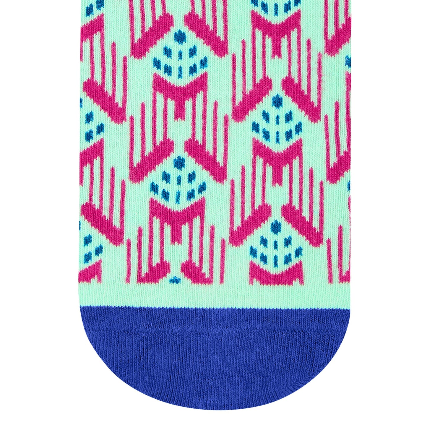 Jazz crew socks Close up — mint green base with hot pink and electric blue abstract design — Dynamocks