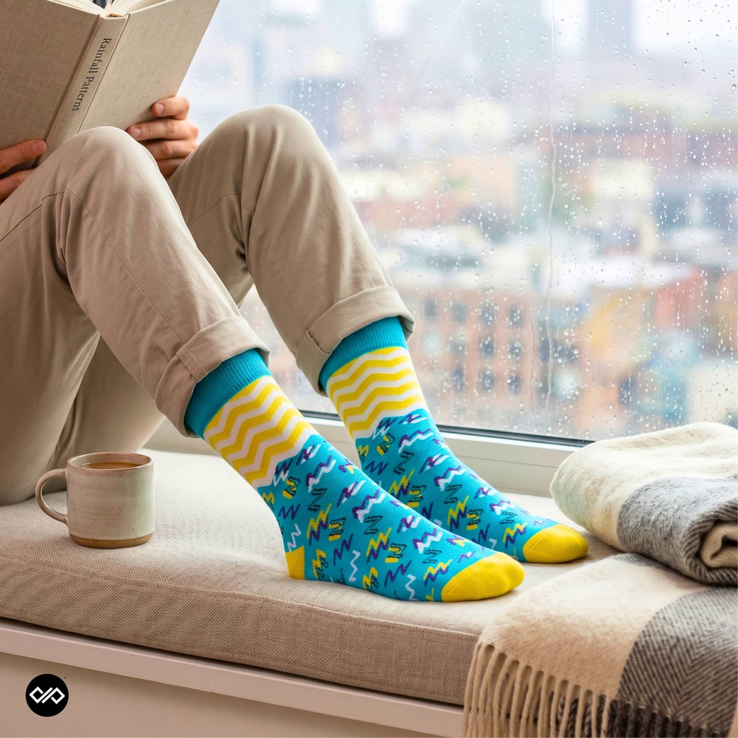 Jolly funky crew socks styled with light chinos and book – Dynamocks