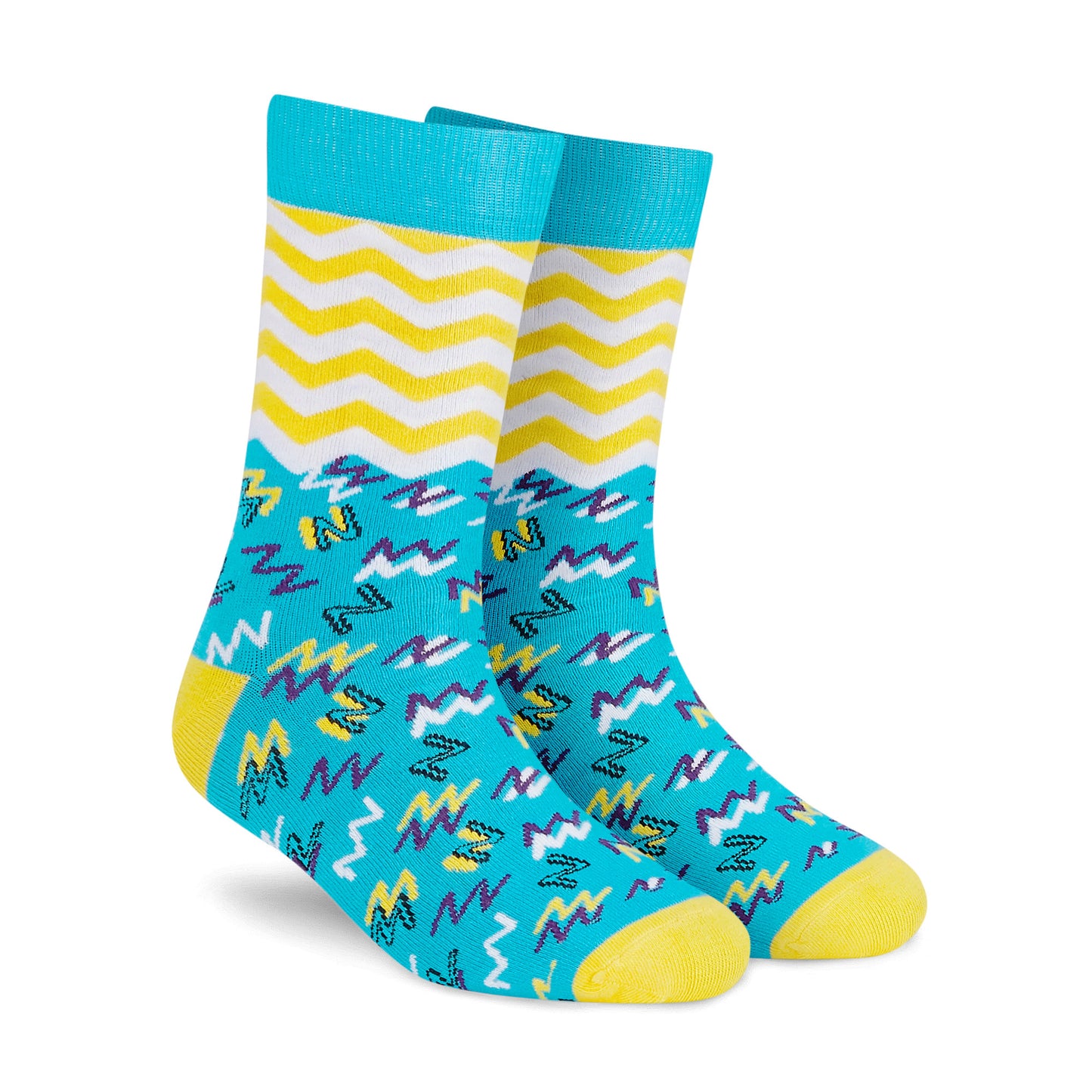Jolly funky crew socks for men and women turquoise with yellow zigzag designs – Dynamocks - Right Angle