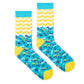 Jolly funky crew socks for men and women turquoise with yellow zigzag designs – Dynamocks - Right Flat Lay