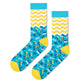 Jolly funky crew socks for men and women turquoise with yellow zigzag designs – Dynamocks - Left Flat Lay