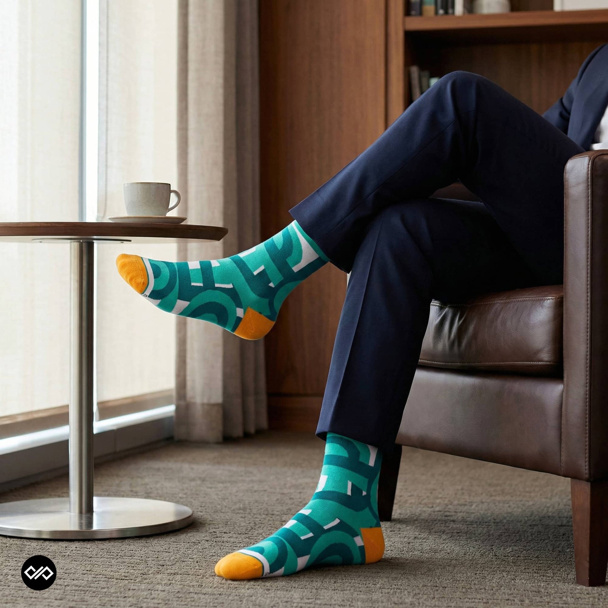Maze cotton crew socks in turquoise teal with mustard toe — Dynamocks