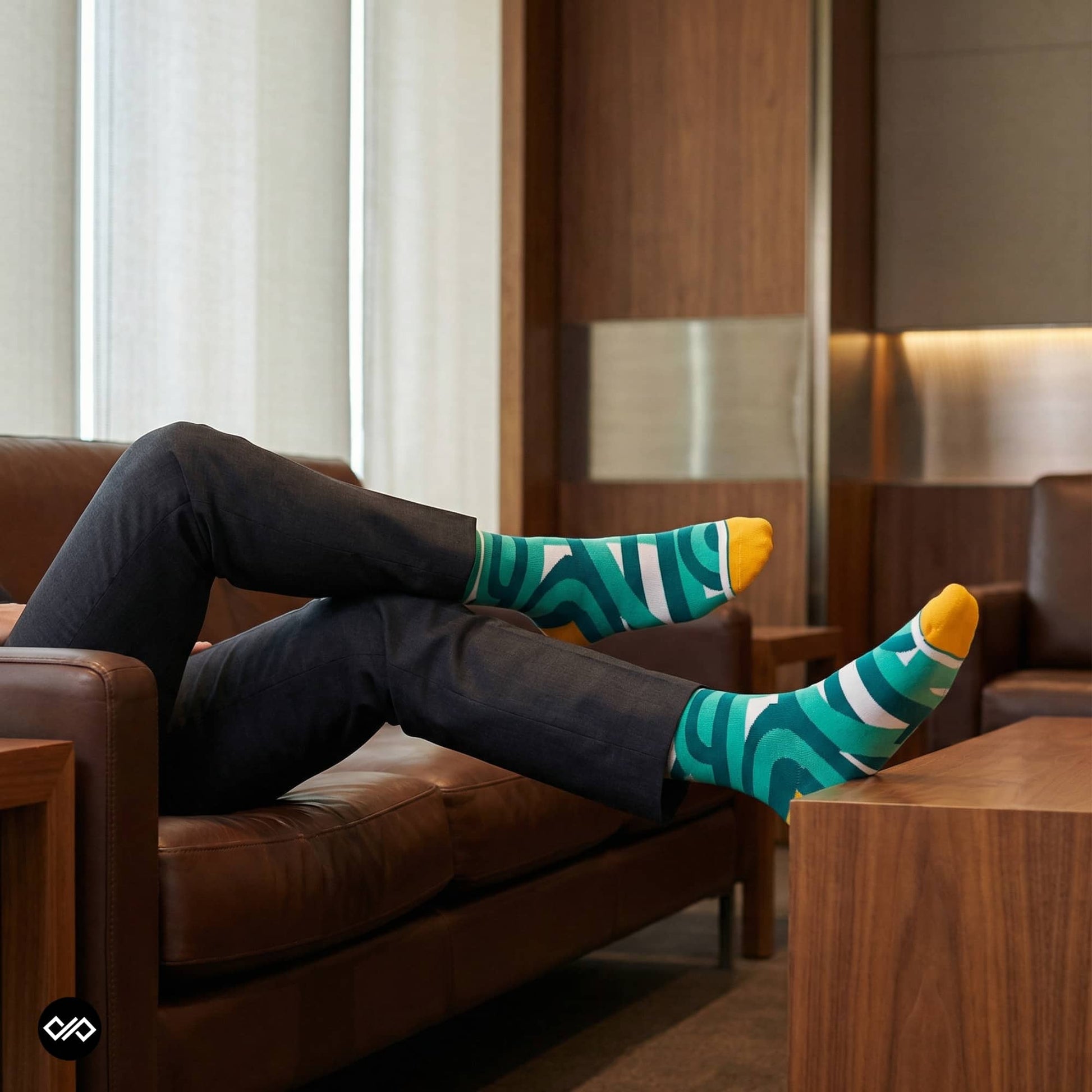 Maze cotton crew socks lifestyle view with charcoal trousers — Dynamocks